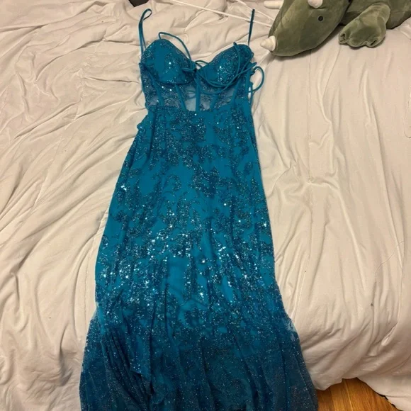 BLUE SPARKLY CORSET TOP CROSS BODY TIE IN THE BACK PRINCESS PROM DRESS